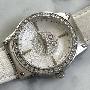 Authentic Dolce & Gabbana Women's White Leather Watch Rhinestones Bezel